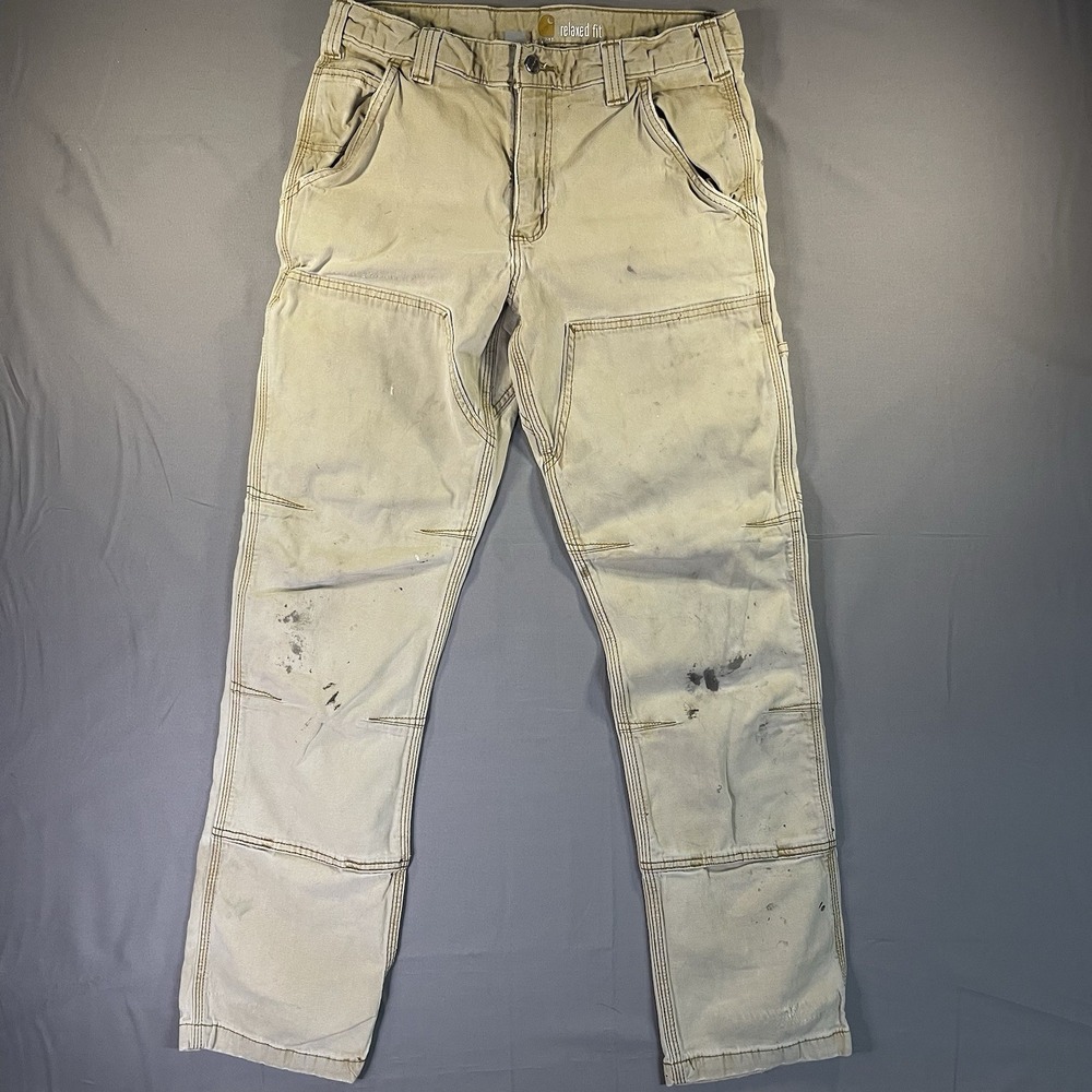 Carhartt Pants Mens 31x32 Khaki Relaxed Fit Cotton Denim Workwear Distressed